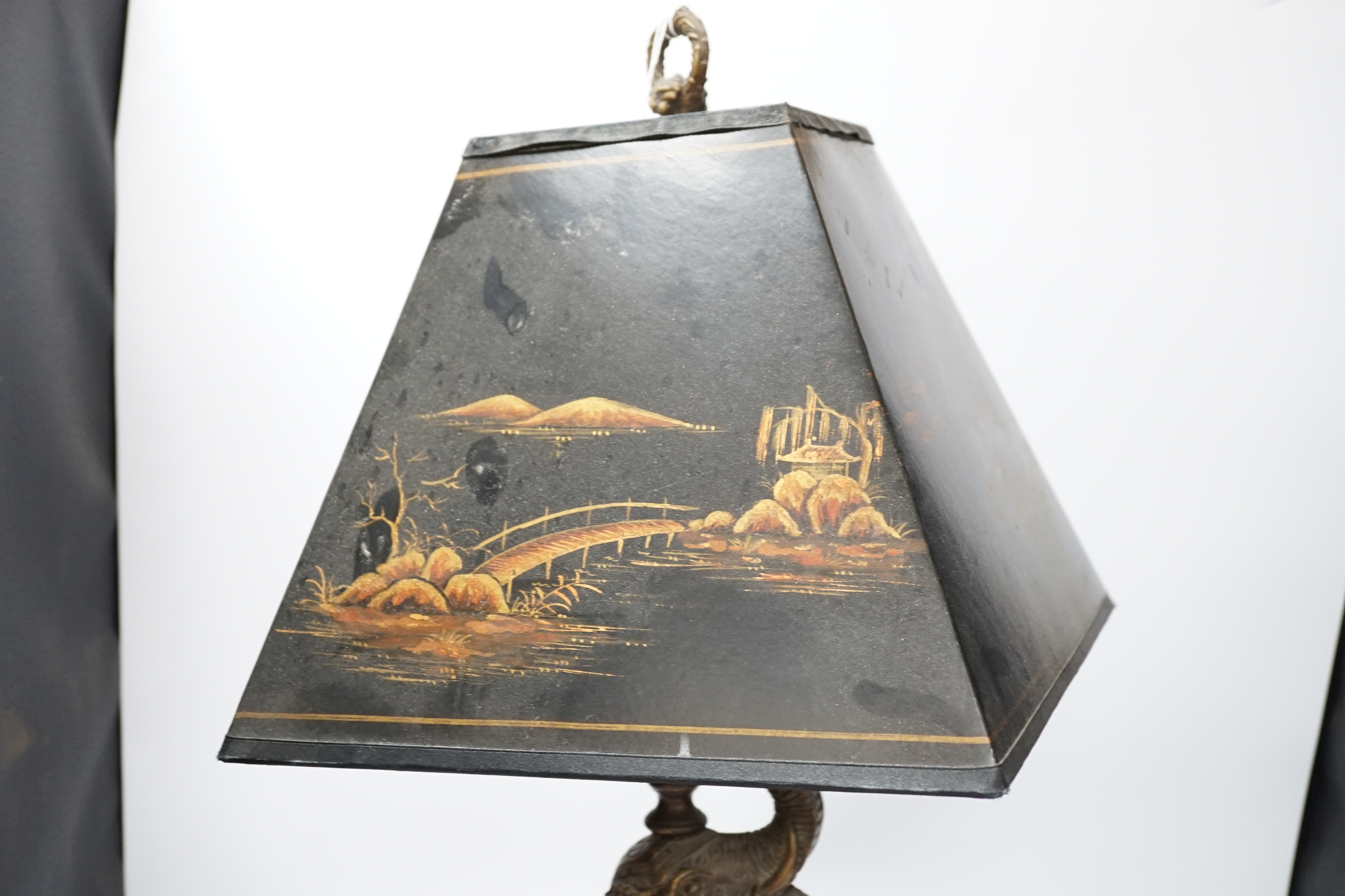 A bronzed elephant table lamp with chinoiserie shade, 65cm high